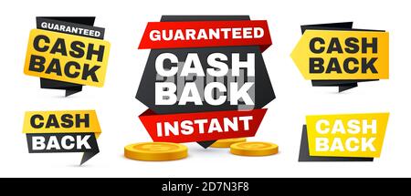 Geld Cash-Back-Vektor-Etiketten und Sticker-Set. Vector Verkauf Banner, Sparen und Geld Rückerstattung Symbole. Illustration Cash-Back für Shop kaufen Garantie Stock Vektor