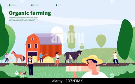 Landing Page für Farmer. Landwirtschaftliche Arbeiter arbeiten mit Geräten in der Natur, Landwirtschaft und Bio-Landwirtschaft Vektor-Konzept. Landwirt Landwirtschaft, Bauernhof Arbeit landwirtschaftliche Illustration Stock Vektor