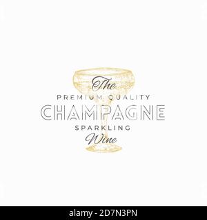 Premium Champagne abstrakte Vektor-Zeichen, Symbol oder Logo-Vorlage. Handgezeichnete Skizze aus funkelndem Weinglas mit Typografie. Elegantes Getränkemblem. Stock Vektor