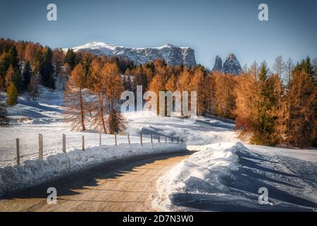 Schöne Winterlandschaft der Seiser Alm in den Dolomiten Unesco-Weltkulturerbe Stockfoto