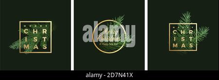 Merry Christmas Abstract Vector Classy Labels, Schilder oder Hintergrundvorlagen Set. Handgezeichnete Fir-Nadel Fichte Zweig Illustrationen mit Golden Gerahmt Stock Vektor