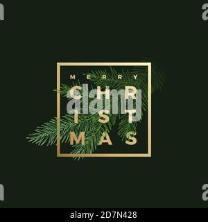 Merry Christmas Abstract Vector Classy Label, Zeichen oder Hintergrund-Vorlage. Handgezeichnete Fir-Nadel Fichte Zweig Illustration mit Golden Gerahmt Stock Vektor