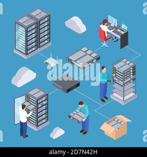 Informationstechnologie Server Engineer 3D Vektor-Konzept. Isometrische Server, Cloud-Speicher, Computerausrüstung. Darstellung von isometrischen 3D-Geräten, Server-Speicherdatenbank Stock Vektor