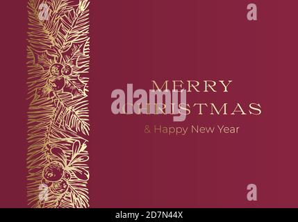 Weihnachtsgrüße Vektor-Banner oder Cover-Vorlage. Winter Holiday Symbol Doodle Kiefer Zweige Dekorative Streifen oder Band Skizze auf rotem Hintergrund Stock Vektor