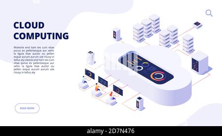 Cloud-Computing. Online-Backup sicheren Computer Internet-Hosting-Zugang Apps Networking 3d Landing Vector Seite. Isometrischer Daten-Cloud-Server, Darstellung des Zugriffs auf Speicher Stock Vektor