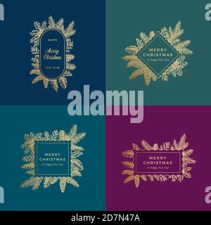 Frohe Weihnachten abstrakte botanische Karten oder Frame Banner Collection. Premium-Farben Hintergrund und handgezeichnete Kiefer Zweige, Holly, Mistelzweig Golden Stock Vektor