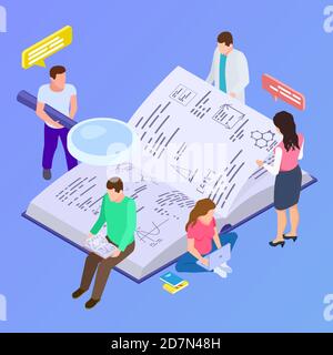 Kollektive Bildung, Gruppenforschung isometrische Vektor-Illustration. Buch über Forschung und Entwicklung und Bildung Stock Vektor