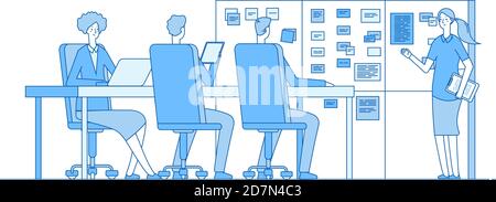 Planungsvorstandssitzung. Schulung der Mitarbeiter an der Aufgabenseite innerhalb des Büroklassenzimmers. Teamwork Business Vektor Linie Konzept. Illustration von Meeting Board, Brainstorming und Teamarbeit, Trainingsgruppe Stock Vektor