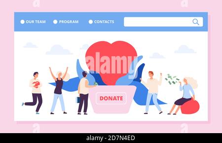 Landing Page für Philanthropie. Charity oder Spende Vektor Banner-Vorlage mit Herz und Freiwilligen. Illustration Spendenhilfe, Philanthropie und Spendenhilfe Stock Vektor