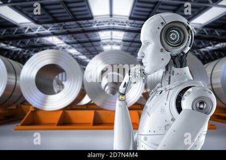 Automation Factory Konzept mit 3d-Rendering cyborg in Stahlfabrik Stockfoto