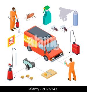 Infografik zur Schädlingsbekämpfung. Isometrische Desinfektion. Vektor 3D Gift, Insekten, Desinfektionsmittel. Illustration Schädlingsschutz, Service-Kontrolle parasitär Stock Vektor