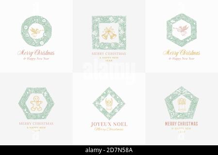 Neujahr und Weihnachten Skizze Kiefer Kranz Zeichen, Banner oder Logo Vorlagen Set mit handgezeichneten Engel, Glocken und Cookie man. Winterurlaub Grüße Stock Vektor