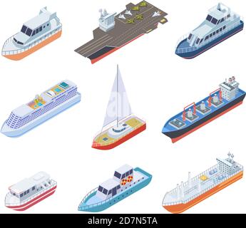 Isometrische Schiffe. Schiffe Schifffahrt nautische Boote Barge Handelsschiff Sea Business marine Segeln Yacht Fähre 3d Vektor Versand Set. Fähre isometrisch, Wasser Transport Sammlung Illustration Stock Vektor