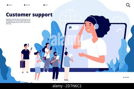 Konzept Kundenbetreuung. Profis helfen dem Kunden mit dem Smartphone. Telemarketing Communications Vektor Landing Page. Illustration der professionellen Bedienerunterstützung, Kommunikationshilfe Stock Vektor