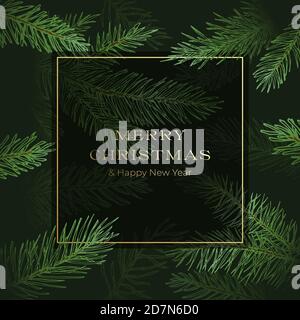Weihnachten abstrakte Vektor quadratische Grußkarte oder Poster. Tannennadel Fichte oder Kiefer Zweige Hintergrund mit Golden Glitter Typografie. Winter Stock Vektor