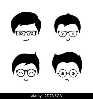 Nette Geek Jungen Vektor-Symbole des Satzes. Geek junge Gesicht Charakter jung, Lächeln, Kerl in Brille Illustration Stock Vektor