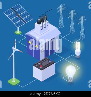 Isometrisches Vektor-Konzept für elektrische Leistung mit Energiegenerator und Sonnenkollektoren. Illustration von Generator-Leistung, Energie Solar Stock Vektor