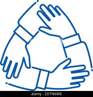 Teamarbeit. Hände auf einander Arbeitsgruppe, Allianz unterstützendes Team. Partnerschaft Geschäft zusammen Einheit Vektor Linie Symbol. Teamarbeit Freundschaft, Arbeit unterstützen Zusammenarbeit Illustration Stock Vektor