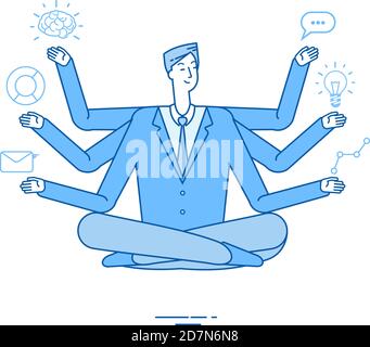 Multitasking Geschäftsmann. Projektmanager sitzen in Entspannung Yoga Lotus Pose Denken an Aufgaben. Effektives Management-Vektor-Konzept. Multitasking Geschäftsmann Yoga, Manager Charakter Illustration Stock Vektor