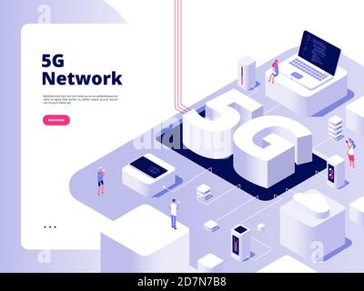 5g-Konzept. WiFi Telecom 5g-Technologie Geschwindigkeit Internet Breitband Fünfte Hotspots WiFi globales Netz Telekommunikation isometrischer Vektor. Illustration der isometrischen 5g-Verbindung, Netzwerktechnik Stock Vektor