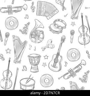 Musik nahtlos Muster. Musikinstrumente kritzeln. Rock Roll Vintage Umriss handgezeichnete Skizze Vektor Textur. Illustration des Hintergrunds des Musikinstruments Stock Vektor