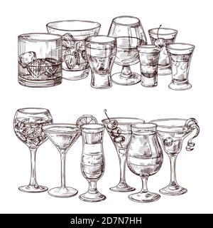 Satz skizzierte alkoholische Getränke Vektor-Illustration. Liquid Beverage, Tequila und martini Stock Vektor