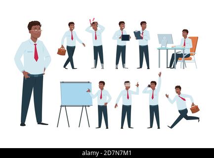 Geschäftsmann-Charakter. Afro-amerikanische Büro professionelle Arbeiter Mann, Erfolg Person in der Geschäftstätigkeit. Zeichentrickfilm Mitarbeiter Vektor gesetzt. Illustration des Geschäftscharakters professionell, Chef Person Stock Vektor