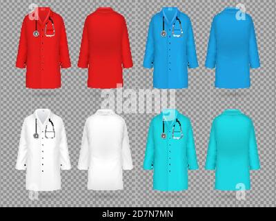 Arztmantel. Bunte Labor Uniform, Arzt medizinischen Labor Kleidung Vektor 3d realistisch isoliert Mockups. Uniform Medizin und Medizin Shirt Illustration Stock Vektor
