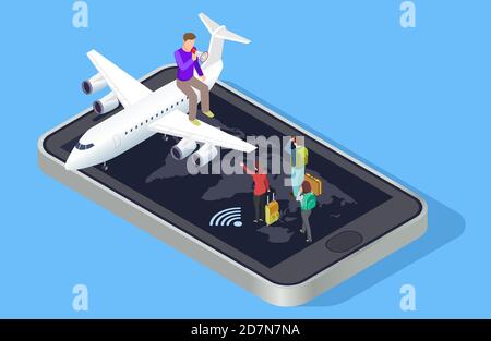 Der Travel Manager lädt zum Reisevektorkonzept ein. Isometrisches Online-Buchungskonzept. Abbildung der Online-Buchung Flugzeug mit Smartphone Stock Vektor