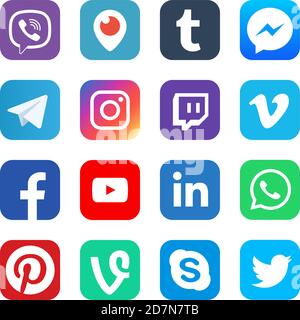 Symbole für soziale Medien. Inspiriert von facebook, instagram und viber, youtube. Beliebte Media-Vektor-Web-Netzwerk-Tasten. Abbildung des Logos für Nachrichten-App und Foto-Anwendung Stock Vektor