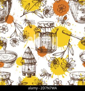 Vektor Honig nahtlose Muster mit Tropfen, Blumen, Honiggläser. Illustration von nahtlosen Muster Bienenstock und Honig Stock Vektor