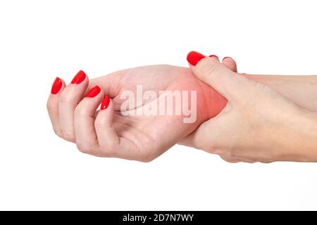 Nahaufnahme Frau hält ihr Handgelenk, Schmerzkonzept. Stockfoto