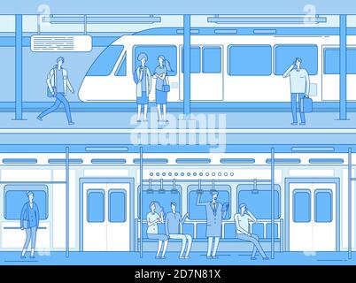 Menschen in der U-Bahn. Mann Frau wartet Zug U-Bahn-Station. Personen im Innenraum des Zuges. Unterirdisches Transportvektorkonzept. Illustration der U-Bahn-Station für Passagiere, Bahnsteig Stock Vektor