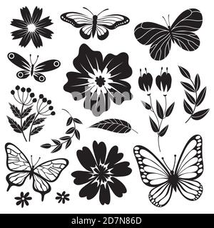 Schwarz-weiße Schmetterlinge und Blumen. Handgezeichnetes Vektor-Blumenset. Blumen und Schmetterling, Blume Pflanze monochrome Illustration Stock Vektor