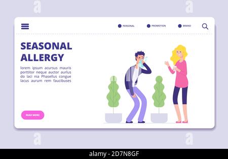 Vektor-Illustration für saisonale Allergien. Büromann mit Allergiesymptomen - Gesundheit Landing Page, Bannervorlage. Allergie saisonale Krankheit, Mann Fieber und Niesen Symptom Stock Vektor