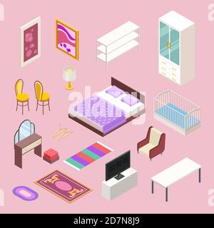 Schlafzimmer Möbel isometrisch. Vector Bett, Kissen und Schrank, Kleiderschrank und Stuhl, Teppich, Lampe und Bücherregal. Illustration Bett und Lampe, Möbel isometrisch Stock Vektor