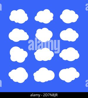 Weiße einfache Wolken. Denken Blasen oder Tags, Wolke Nachricht abstrakte Formen. Cumulus isoliert am blauen Himmel. Cartoon Vektor-Set von Wolken in Himmel, Luftblase Illustration Stock Vektor