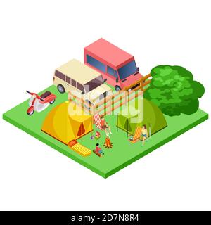 Familie Ruhe in der Natur, Öko-Tourismus, Camping isometrische Vektor-Lage. Illustration der Familie im Freien, 3d-Umgebung Gras und Lager Stock Vektor