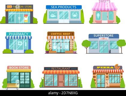 Zeichentrickläden. Friseur, Buchhandlung und Apotheke. Bäckerei, Café und Restaurant isoliert flache Etagen Vektor Street Trading set. Illustration Restaurant und Ladengebäude, Markt Stock Vektor