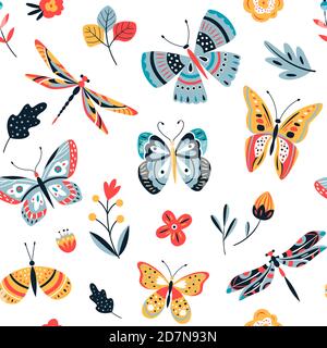 Schmetterlingsmuster. Fliegende Schmetterlinge Motten und Sommerblumen. Nahtlose Mode trendige Stoffstruktur. Vektorgrafik. Illustration von nahtlosen textilen Hintergrund, Muster Sommer Stock Vektor