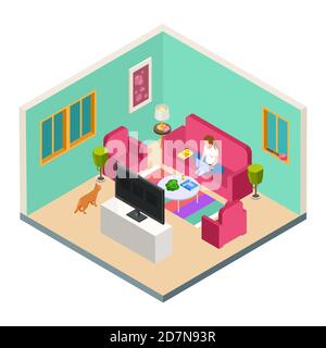 Vector Freelance, Remote Work isometrisches Konzept. Frau arbeitet von zu Hause aus im Wohnzimmer. Freiberufler mit Computer sitzen auf dem Sofa, Frau freiberuflich Illustration Stock Vektor