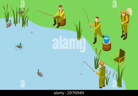 Fischer auf dem See. Vektor isometrisches Angelkonzept. Männliches Hobby, Erholung im Freien. Illustration Angeln im See, Fischer warten Stock Vektor