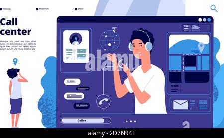 Online-Support-Konzept. Kunden im Call Center chatten mit dem Betreiber, Berater hilft dem Kunden. Support-Vektor-Zielseite rund um die Uhr. Illustration Operator Support, Hilfe Chat für Kunden Stock Vektor