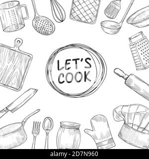 Kann kochen. Kochen Chef Kurs Skizze Hintergrund. Kulinarische Küchengeräte vintage Vektor Illustration. Kochen Abendessen, Skizze Zeichnung kochen Stock Vektor