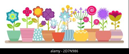 Frühling und Sommer Blumen in den Töpfen - Vektor-Haus Pflanzen Illustration. Blumentopf, Haus botanische Pflanze, Blüte Blumen gegossen Stock Vektor
