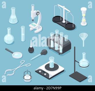 Chemische Laborgeräte isometrisch. Laborgläser Drogentests Chemikalien Mikroskop Kolben Chemie Ausrüstung isoliert Vektor-Set. Illustration des medizinischen Labors, Forschungsexperiment Stock Vektor