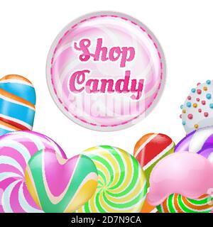Vektor realistische Lutscher Hintergrund - Candy Shop Banner Design. Illustration von Lutscher, realistisch lecker Lutscher Stock Vektor