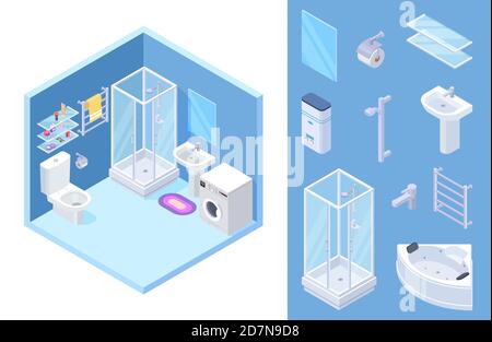 Bad isometrisch. Vector Dusche, WC, Badmöbel, Spiegel, Glasregale. Illustration Dusche und Möbel für Innenbadezimmer Stock Vektor