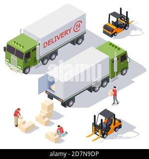 Lieferung Service isometrische Vektor-Elemente Sammlung mit Lieferwagen, Boxen und Lieferer. Lieferung Ladung isometrischen Service, Lader LKW-Illustration Stock Vektor