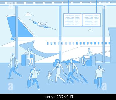 Flughafenterminal. Menschen im Flugplatz Flughafen. Mann Frau Passagier in Komfort-Lounges. Anzeigetafel des Abflugflugzeugs. Vektor-Konzept Frau und Mann im Flughafen warten Flugzeug für Reise Illustration Stock Vektor